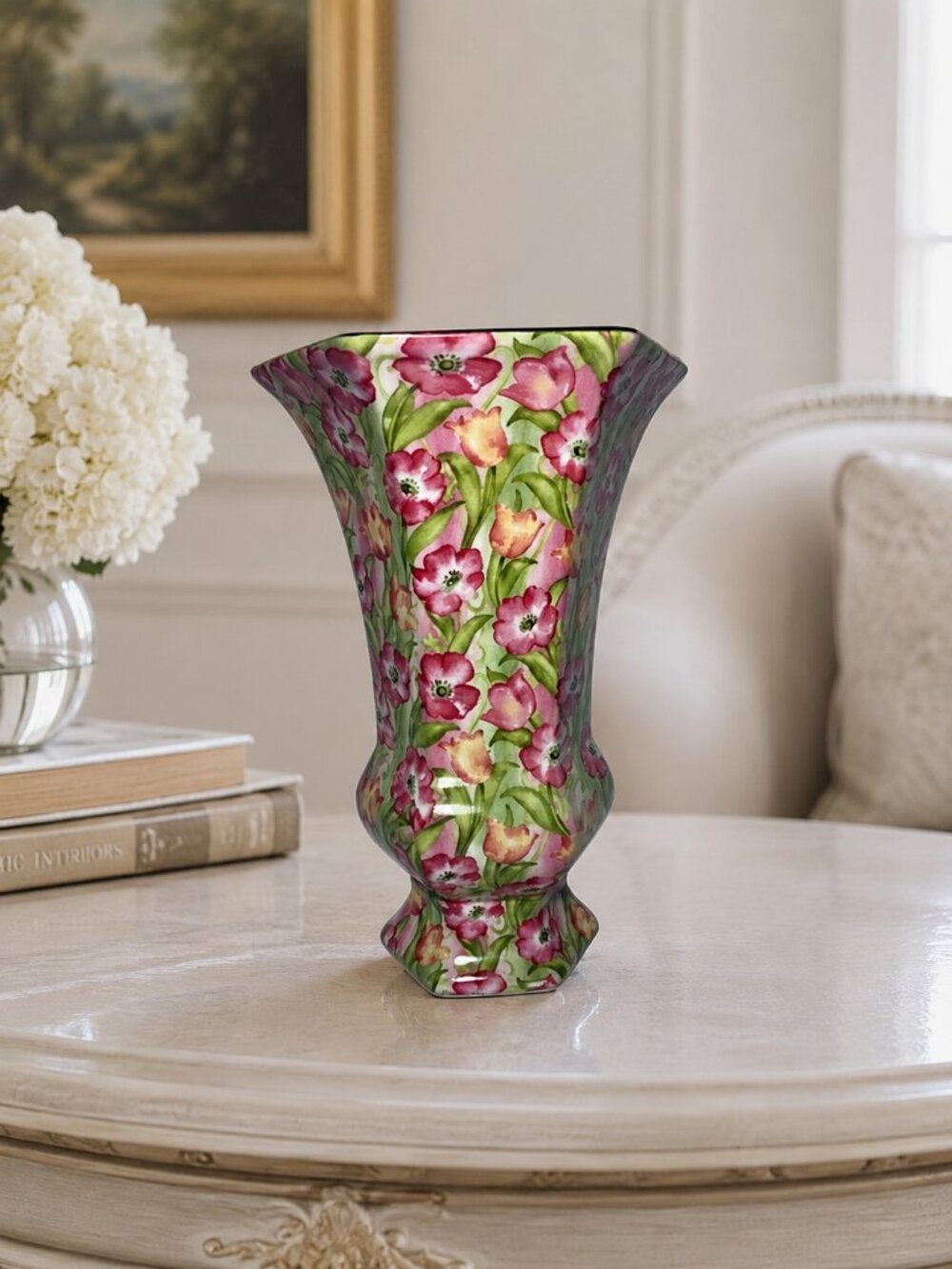 Formalities By Baum Bros Poppy Tulip Chintz Porcelain Vase 10" Floral Hexagon